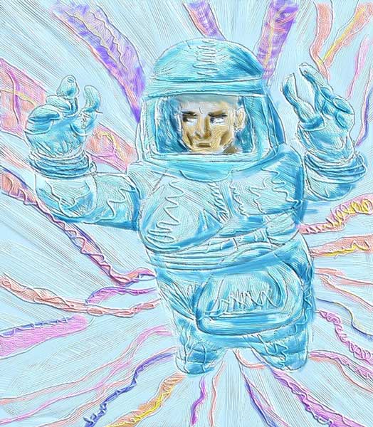 Psychedelic image of a man in a spacesuit with arms raised amid swirling pastel streaks