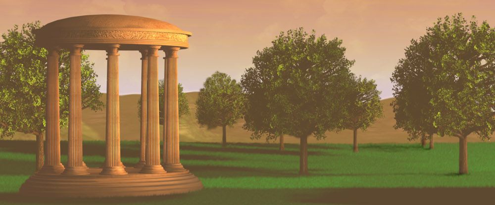 Rendering of a classical domed rotunda with columns on a green lawn beside trees