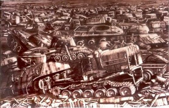 Sepia image of a dense tangle of wrecked tanks and military vehicles