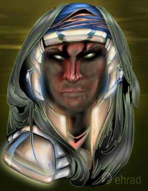 Digital portrait of a stern man with red face markings in a silver hooded armored helmet