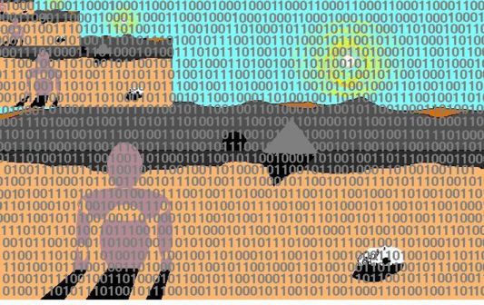 Digital collage of a gray human figure in a desert under a sky made of binary digits