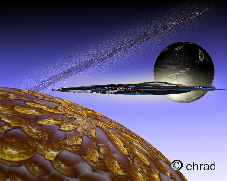 Space art of a long spacecraft flying past a moon above a textured golden planet