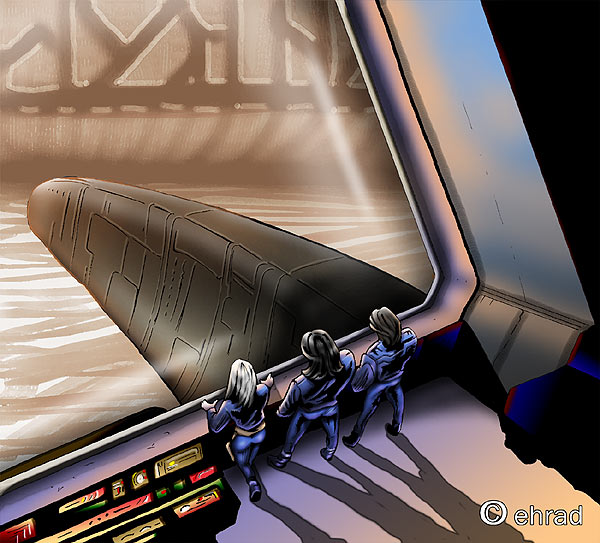 Digital art of tiny figures at a spaceship window looking out at a large docked vessel