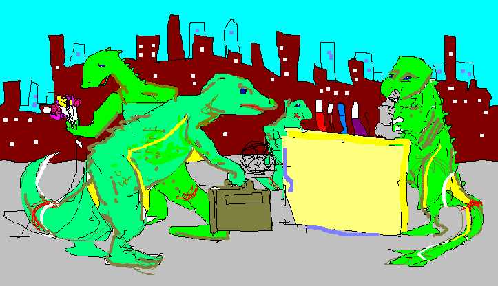 Cartoon of green lizard creatures with briefcases at a desk in front of a city skyline