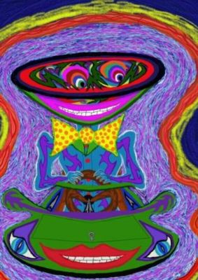 Psychedelic symmetrical painting of a grinning face with a bow tie and a smiling frog-like face below