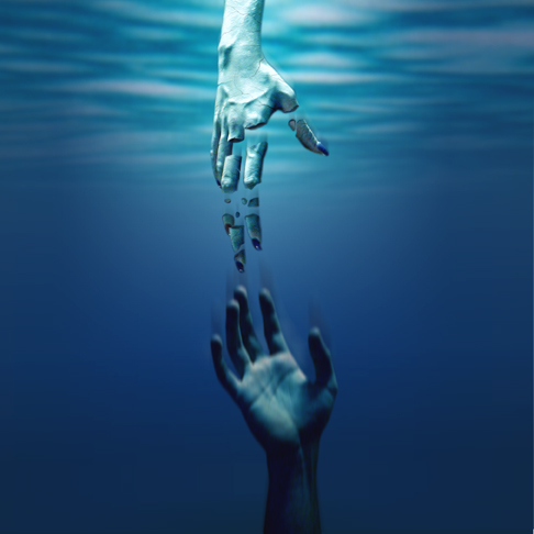 Digital art of a skeletal hand reaching down through blue water toward an outstretched human hand