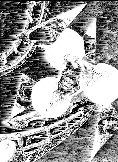 High-contrast black-and-white drawing of a figure tumbling inside a curved roller-coaster track