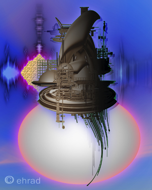 Digital art of a dark ornate machine-tower perched atop a glowing white sphere