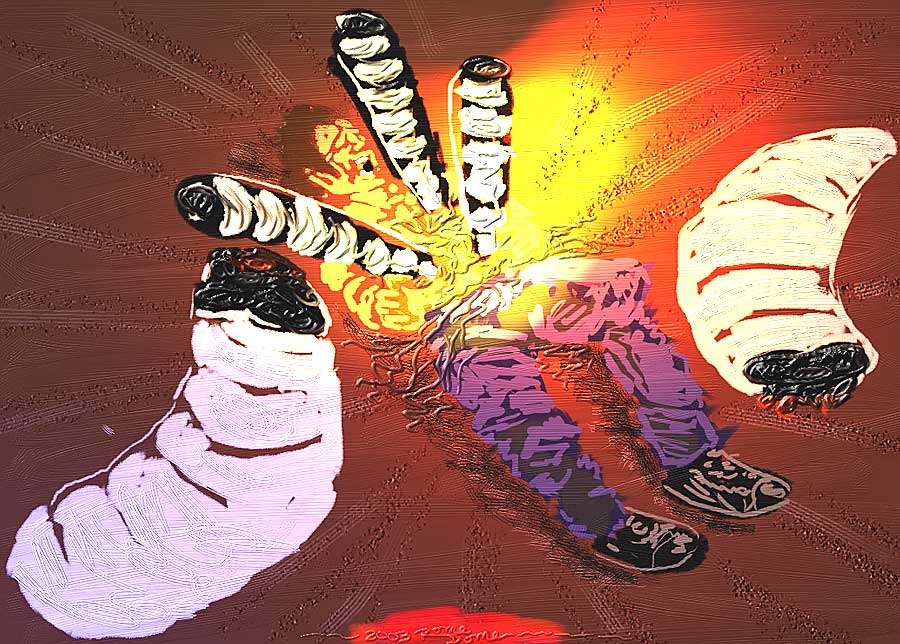 Colorful painting of bulbous cartoonish limbs and a burst of fingers exploding outward