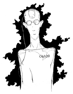 Ink drawing of a gaunt bald man in round glasses wearing a shirt numbered 06109