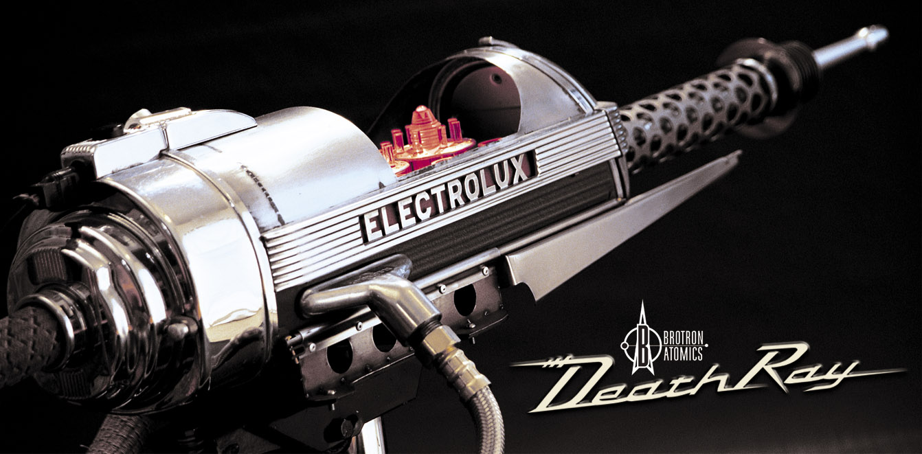 Photo-illustration of a chrome retro ray gun labeled Electrolux, with the words Death Ray
