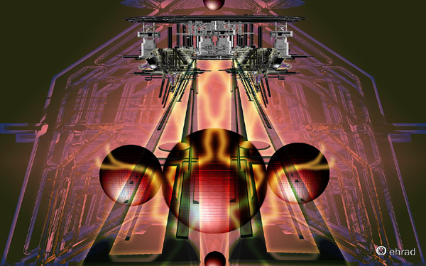 Digital art of a symmetrical red and gold spacecraft hangar with glowing engines