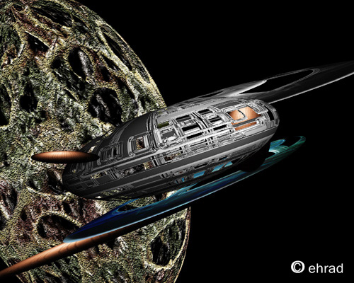 Digital art of a sleek silver spaceship flying past a cratered, lattice-like planet