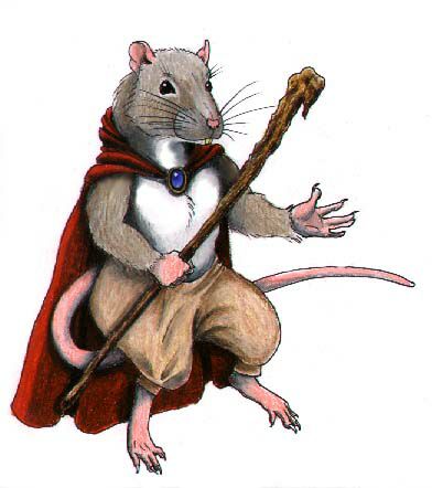 Painting of a rat mage in a red cape and armor holding a gnarled wooden staff