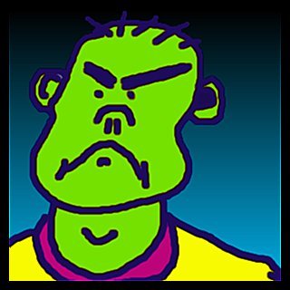 Cartoon of a scowling green-faced bald man in a yellow shirt against a blue background