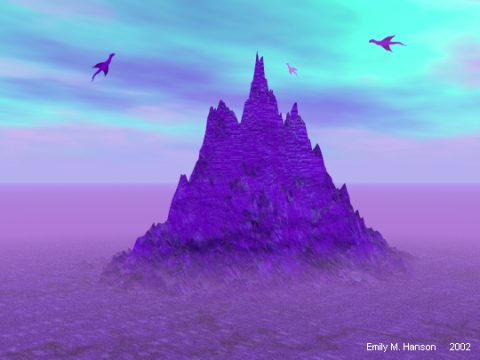 Digital landscape of a jagged purple mountain rising from mist with two dragons flying overhead