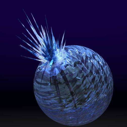 Rendering of a blue glassy sphere with a burst of icy spikes erupting from its top against a dark sky