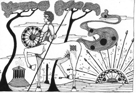 Ornate black-and-white drawing of a centaur archer among stylized trees, temples and a sunburst