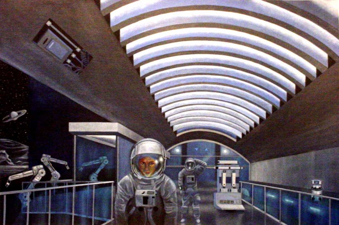 Painting of an astronaut standing in a long vaulted robot factory hall lined with machines