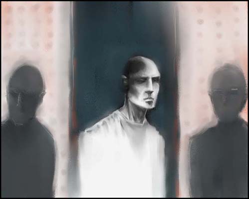 Soft-focus painting of a bald man in white flanked by two shadowy figures