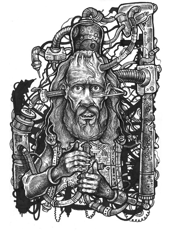 Detailed pen drawing of a bearded man fused with pipes, gears and machinery