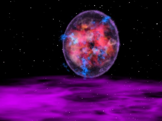 Space art of a red and blue nebula-like sphere above a glowing magenta cloud layer