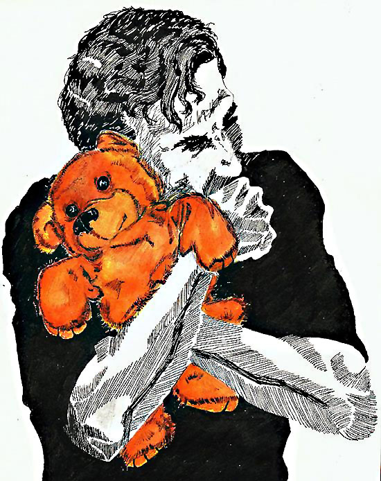Drawing of a dark-haired man hugging an orange teddy bear