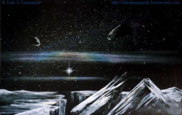 Space art of a bright star and a rainbow band over icy white mountains under a starry sky