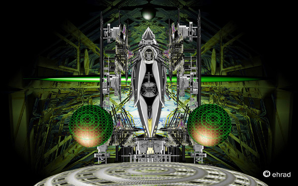 Digital art of a large symmetrical spaceship docked in a green-lit shipyard