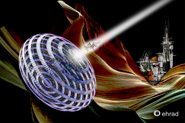 Digital art of a striped glowing disc firing a beam of light toward a distant space station