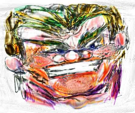 Scribbled colorful drawing of a grotesque grinning face with bulging eyes