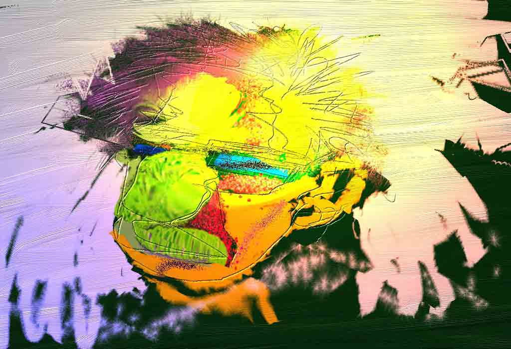 Abstract painting of a bulbous yellow-green figure amid bright splashes of color