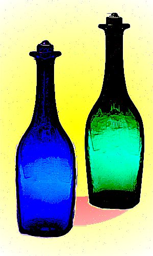 Painting of a blue bottle and a green bottle against a yellow background