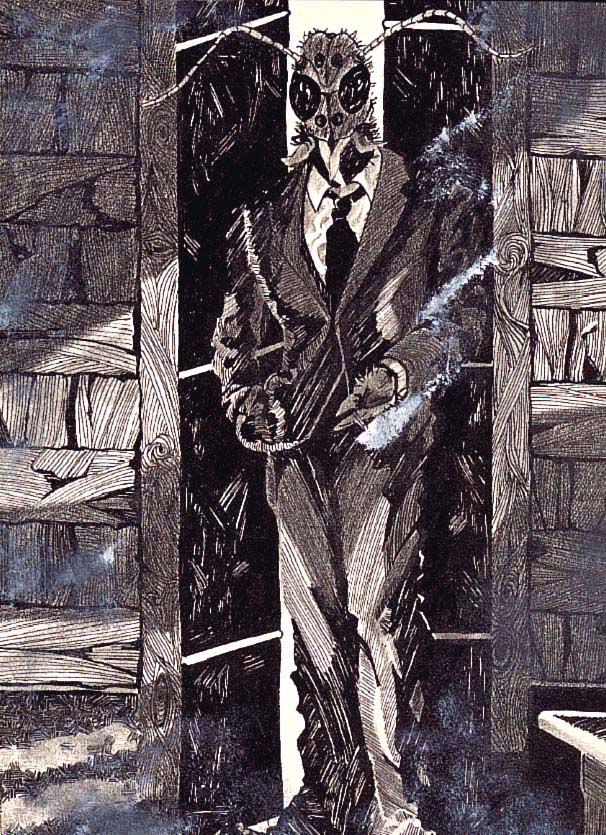 Black-and-white drawing of an insect-headed man in a suit standing in a doorway