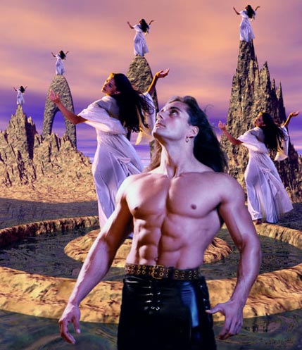 Photo-illustration of a shirtless man before rocky castle spires with robed women atop them