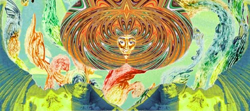 Psychedelic image of a face at the center of swirling, rippling bands of color
