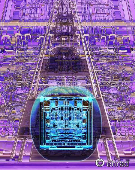 Digital art of a glowing blue circuit cube inside a purple mechanical structure