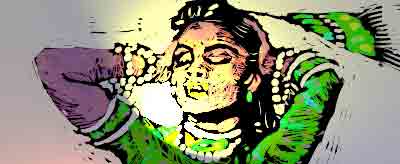 Drawing of a dark-haired woman in green with her hands behind her head and eyes closed