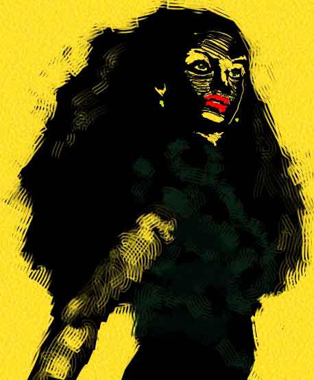 High-contrast image of a woman with long dark hair and red lips on a yellow background