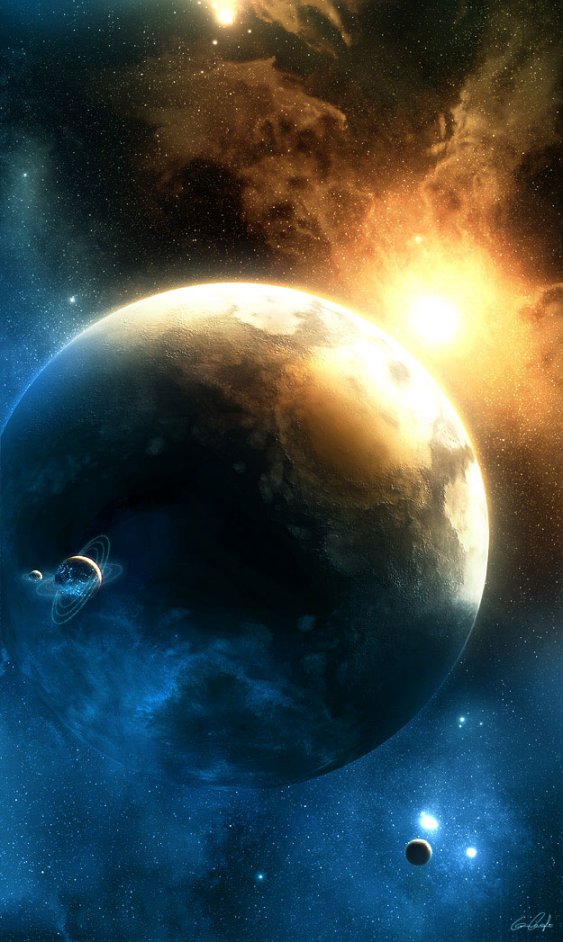 Space art of a planet's dark crescent with a blazing star rising behind it