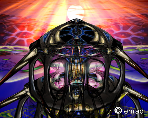 Digital art of a symmetrical metallic creature with glowing pink eyes before a sunburst
