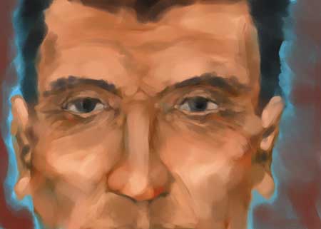 Painted close-up of a man's stern face