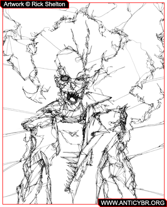 Line drawing of a gaunt, wild-haired figure in a jacket