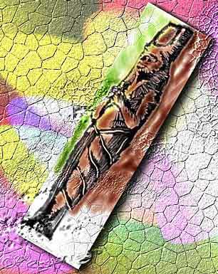 Textured image of a carved, ornate bar lying diagonally on cracked multicolored ground