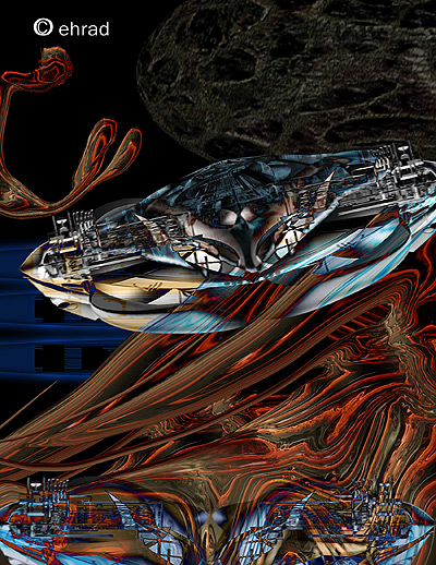 Digital art of a sleek silver spacecraft over swirling red and orange forms
