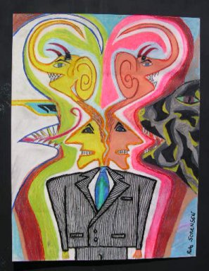 Painting of a man in a suit whose head splits into two colorful swirling profiles