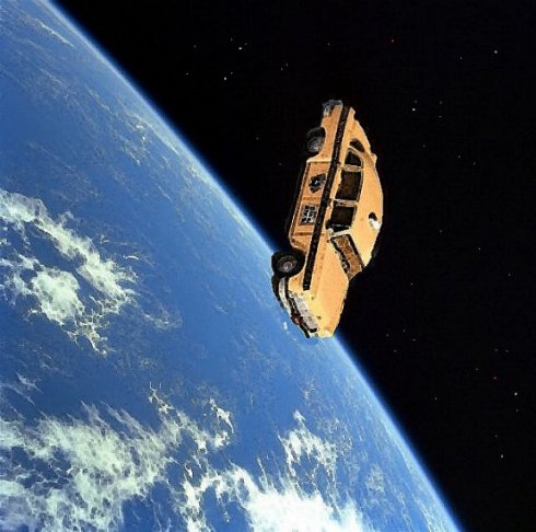 A yellow taxicab floating in orbit above Earth