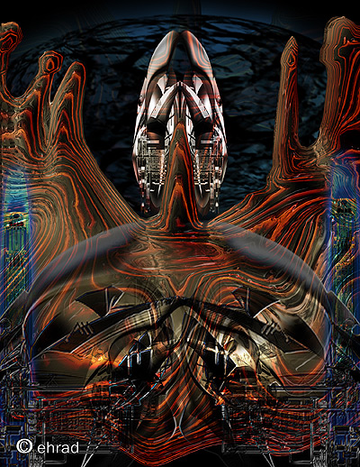 Digital art of a metallic alien face framed by giant hands amid swirling orange lines