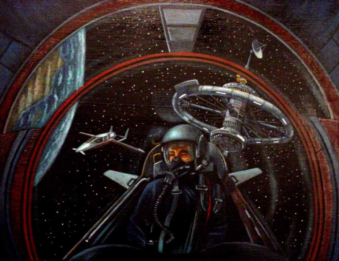 Painting of a pilot in a spherical cockpit with starfighters flying beyond the canopy