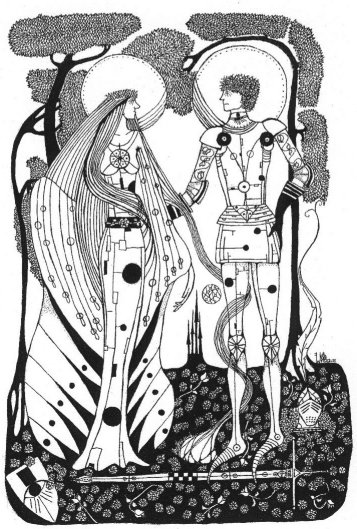 Ornate black-and-white drawing of a robed woman and a man standing beneath halos